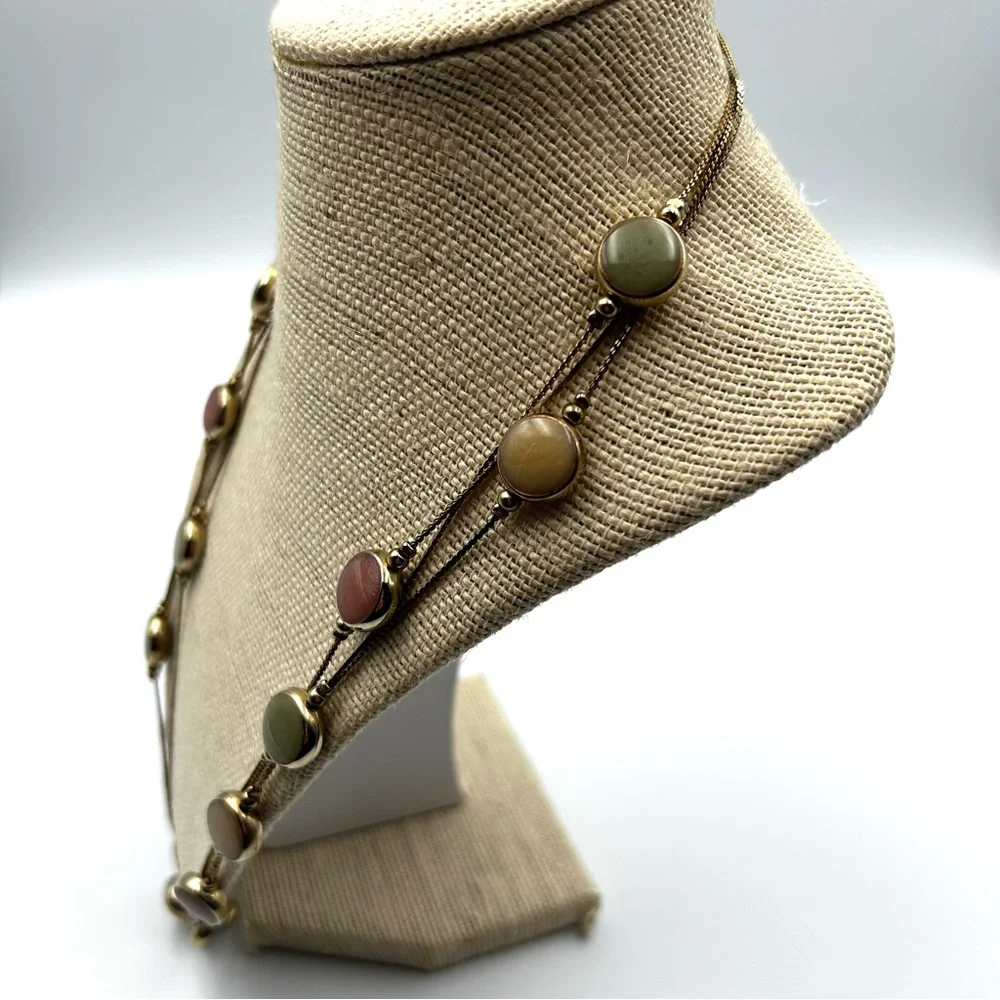 Vintage Multi-Strand Goldtone Necklace Earth Tone Pearlized Colored Beads Boho